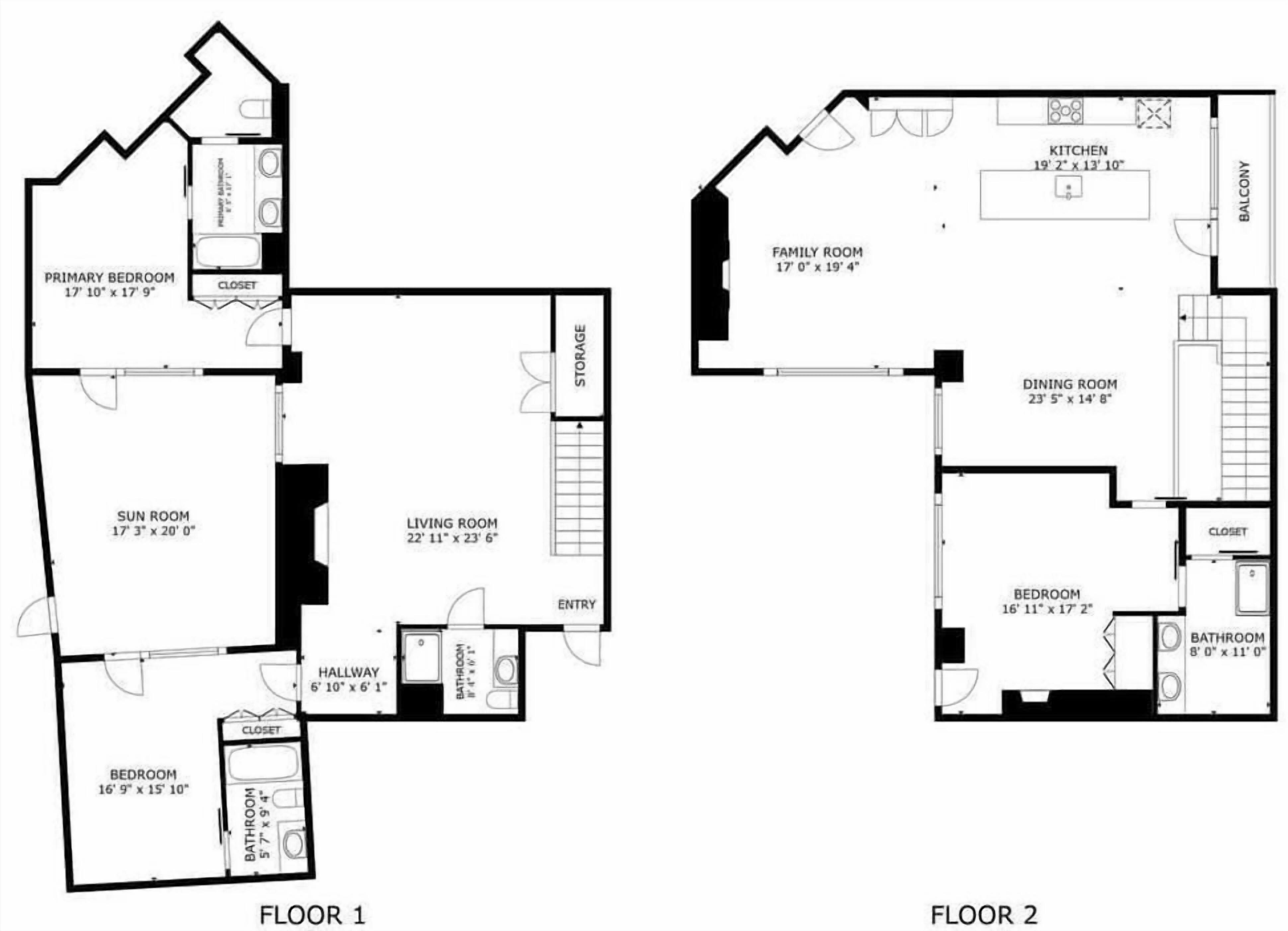 Un plan d’étage comprenant une chambre principale, un solarium, un salon et une salle familiale au premier étage, ainsi qu’une cuisine, une salle à manger et une chambre au deuxième étage.