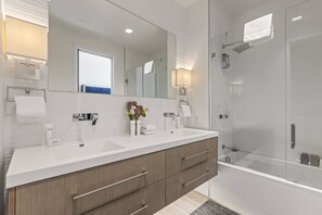 Shower, hair dryer, shampoo