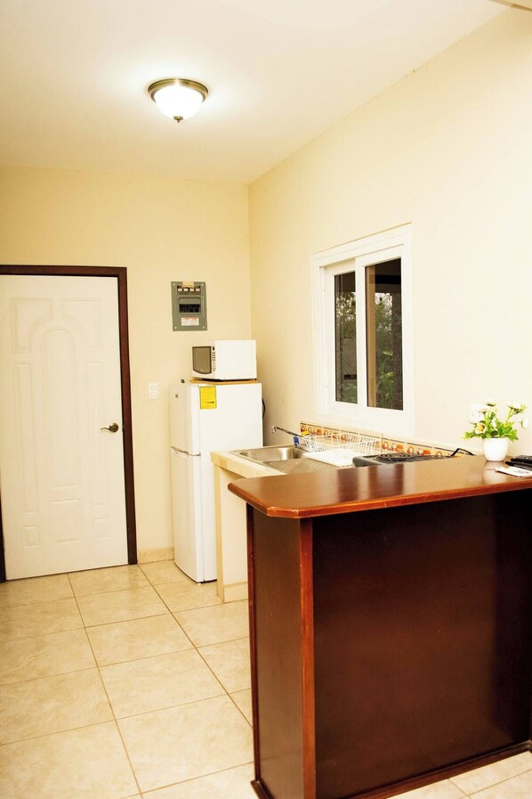 A compact kitchen with a white refrigerator, a microwave, and a sink.