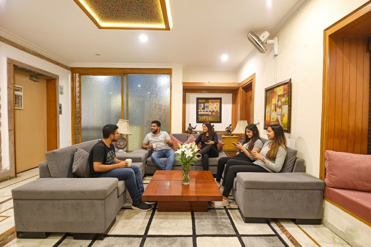 Ein modernes Wohnzimmer mit einem Couchtisch in der Mitte, Sofas und einer dekorativen Vase.