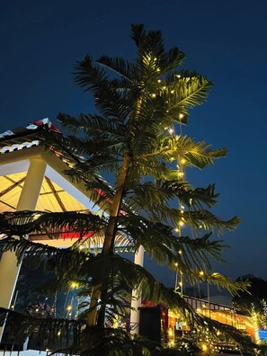 A palm tree with lights, a building with a yellow facade, and a red roof.