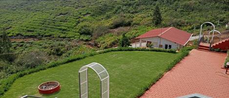 Vista de una plantación de té con una casa y un camino que la conecta.