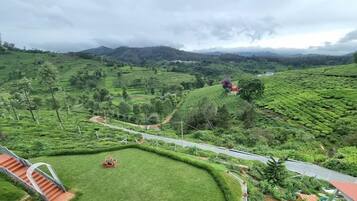 A terraced tea plantation with a paved walkway and a small structure.