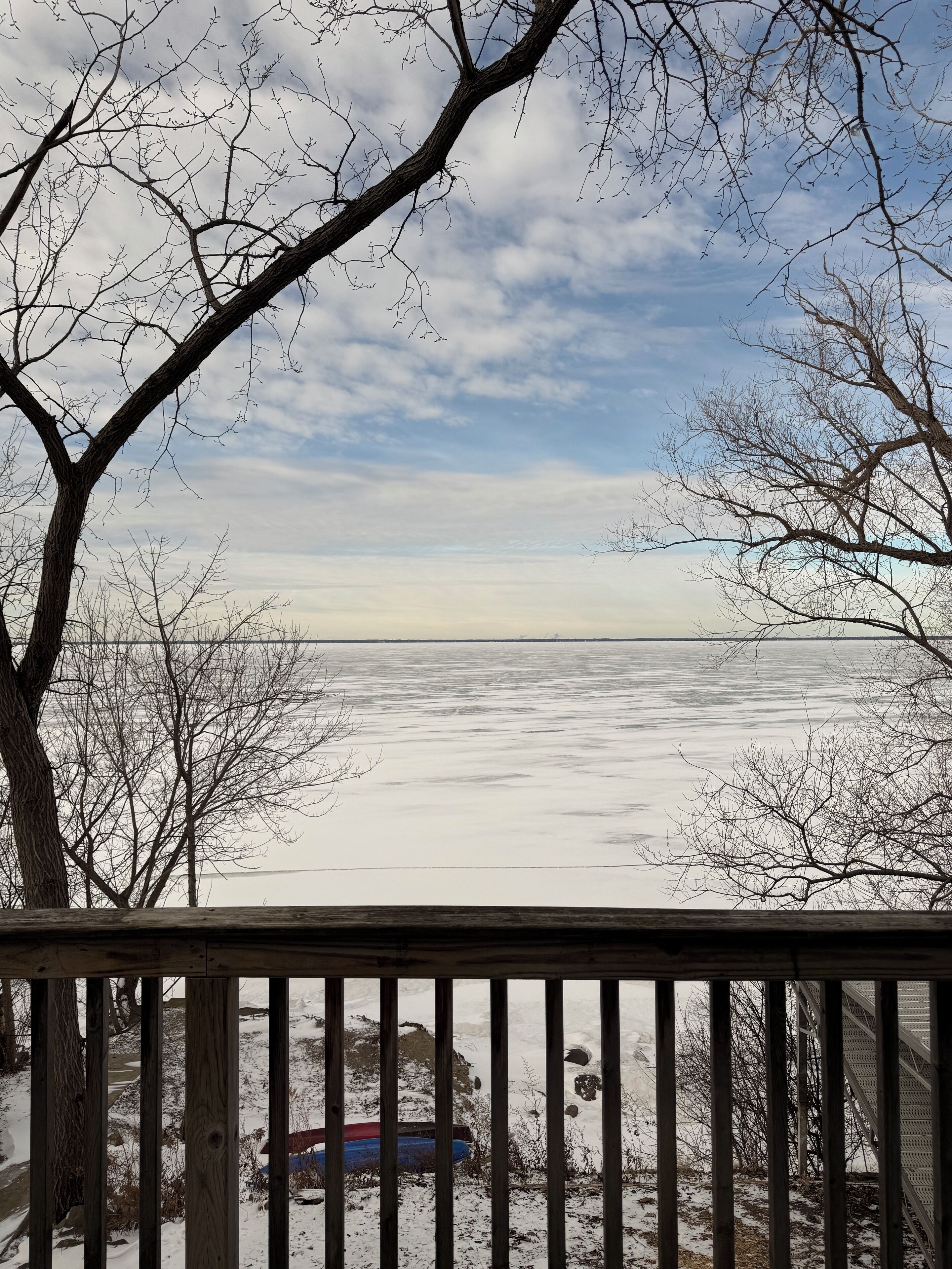 Une vue depuis une terrasse en bois donnant sur un lac gelé, avec des arbres sans feuilles au premier plan.
