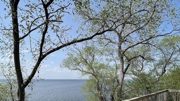 A wooden deck with a Char-Broil grill, overlooking a body of water. -  Lakefront Cottage on Lake Winnebago (Hilbert)