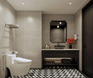 Combined shower/bathtub, hair dryer, slippers, towels