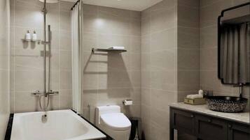 Designer toiletries, hair dryer, bathrobes, slippers