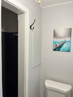 A bathroom with a toilet, a shower, a door, a hook on the wall, and a painting of a pier.