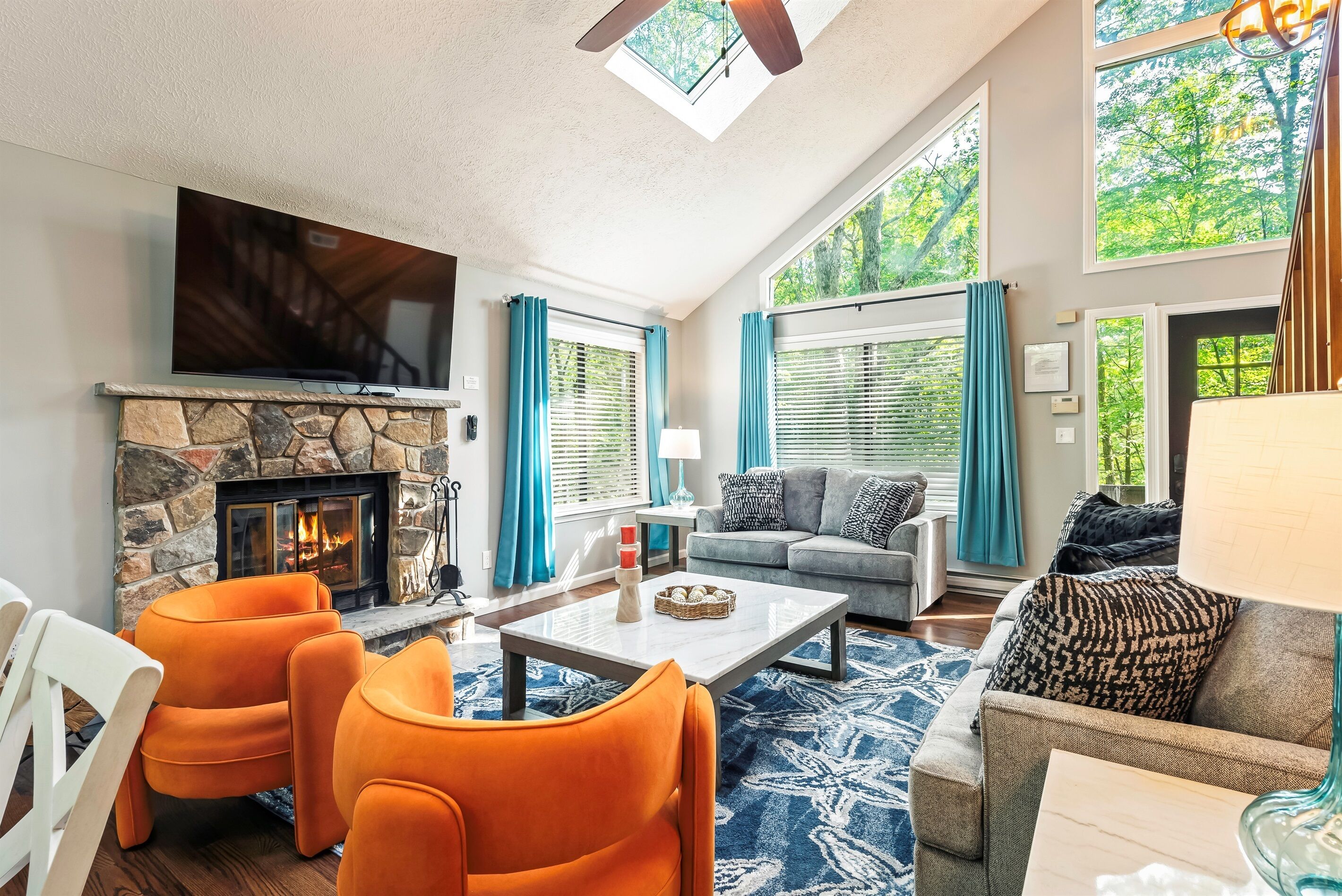 Smart TV, fireplace, video games, DVD player