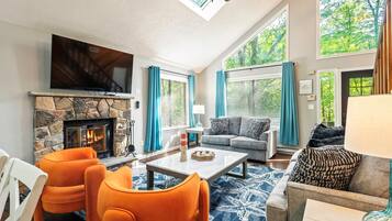 Smart TV, fireplace, video games, DVD player