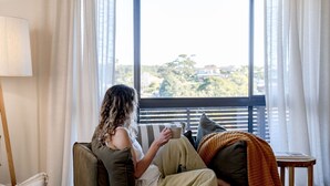 A person sitting on a couch by a window with a view of trees and buildings.