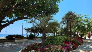 Un sendero pavimentado bordeado de plantas y árboles florecientes, que conduce a una playa.