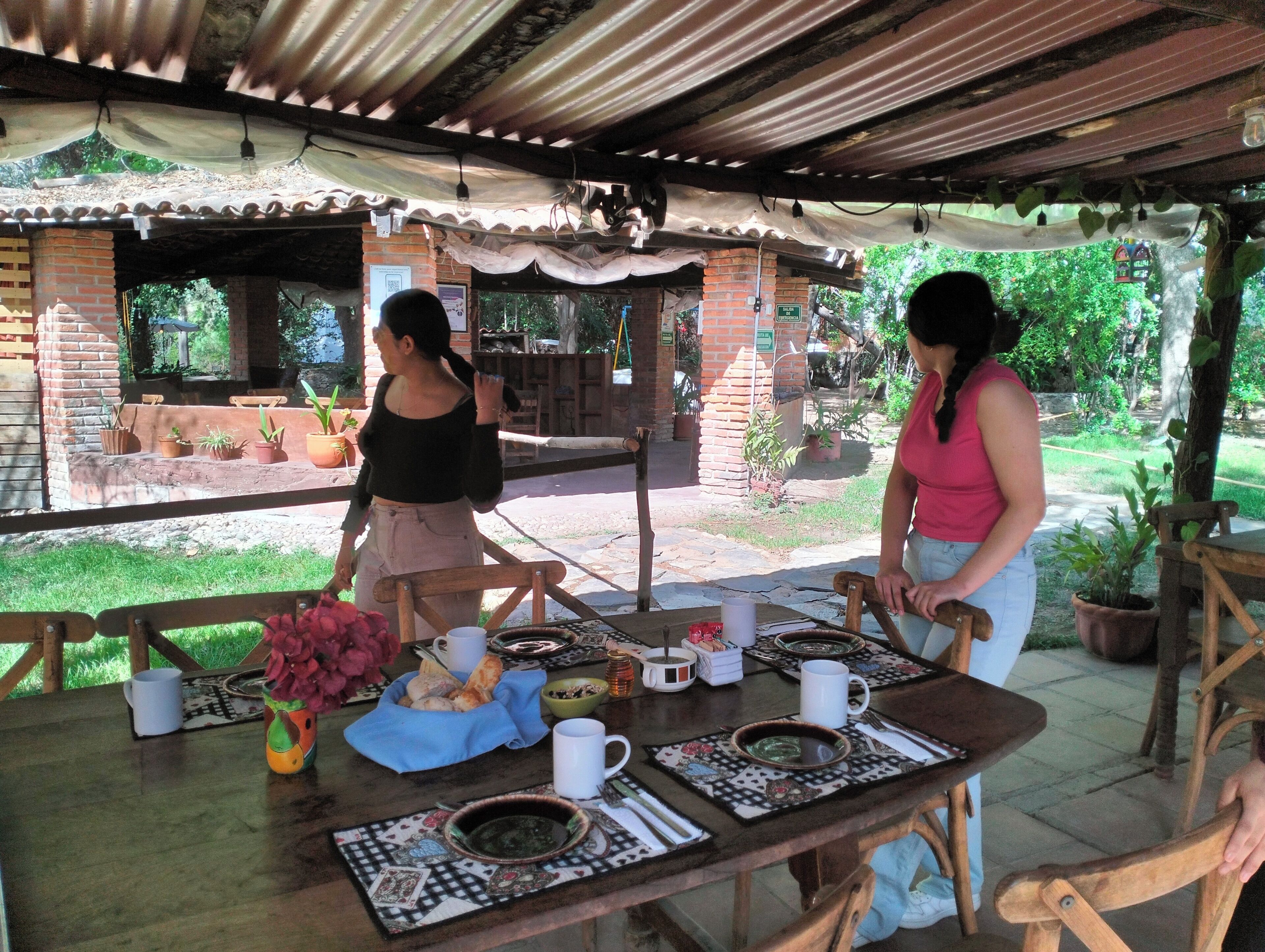 Un patio al aire libre con zona de comedor cubierta, paredes de ladrillo y plantas en macetas.