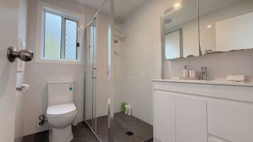 Shower, hair dryer, towels, soap