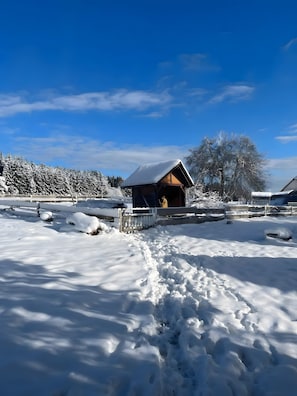 A snow-covered landscape with a wooden cabin, a clear blue sky, and snow-laden trees.