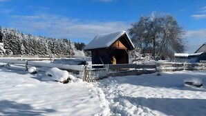 A snow-covered landscape with a wooden cabin, a clear blue sky, and snow-laden trees. - Apartment 'Rotkäppchen' with Shared Garden and Wi-Fi (Eisenbach (Hochschwarzwald))