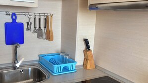 Une cuisine moderne avec un évier en acier inoxydable, un égouttoir bleu, un couteau à manche en bois et une plaque de cuisson noire.