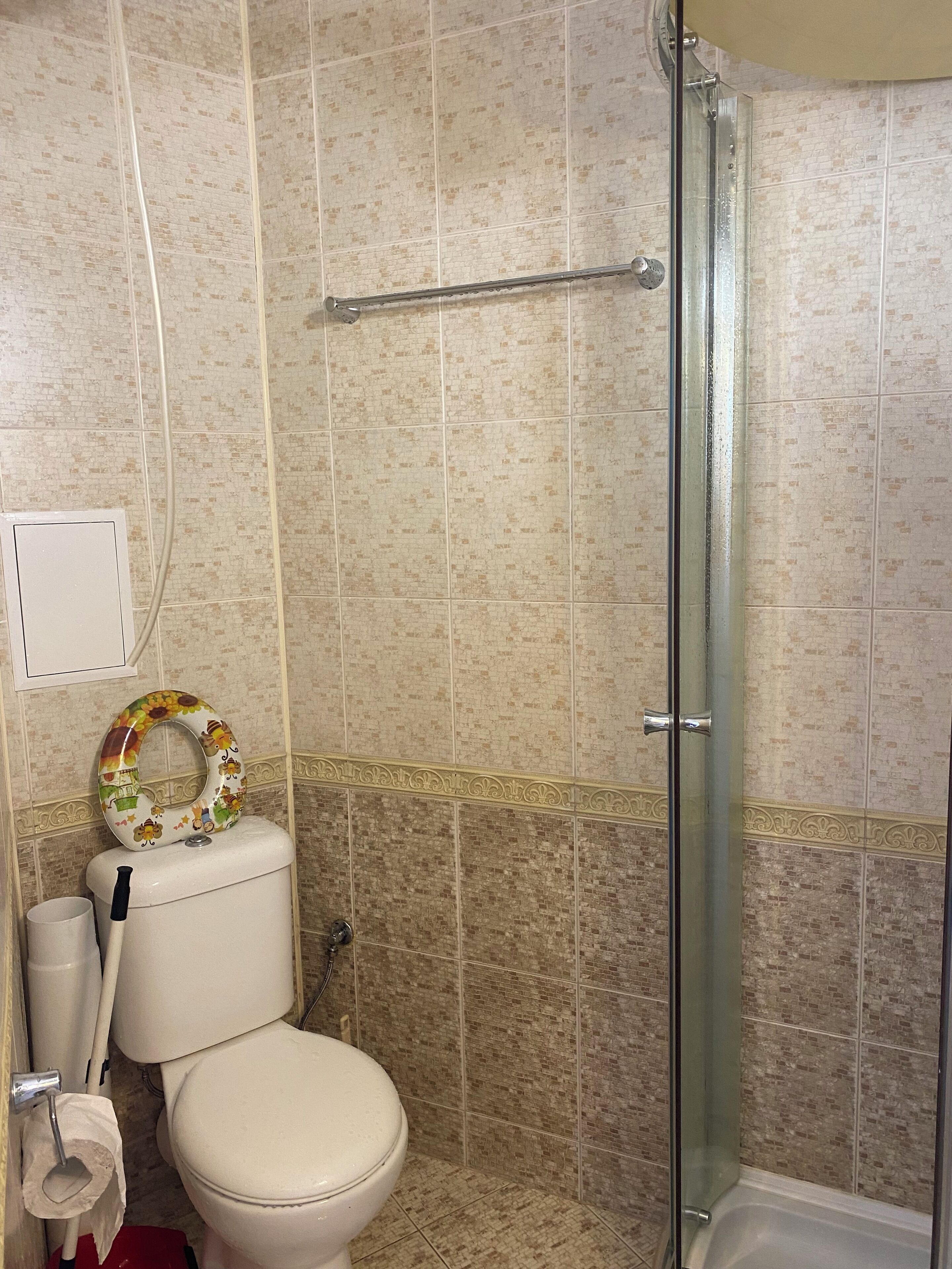 A bathroom with a toilet, a shower, and a glass-enclosed shower stall.