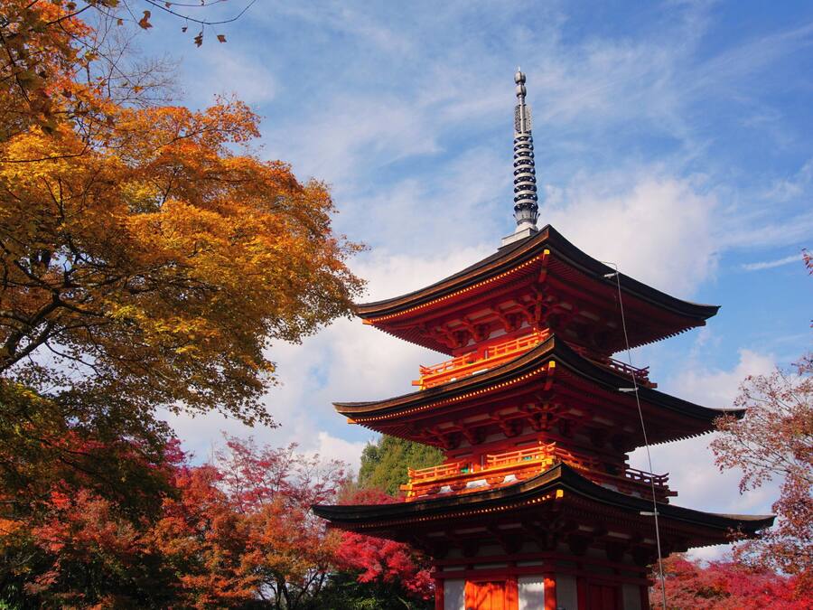 A traditional multi-tiered pagoda with a spire, surrounded by autumn foliage.