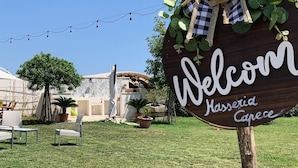 Ein hölzernes Schild mit der Aufschrift "Welcome" und "Hassia Cayce", umgeben von Grünpflanzen und Lichterketten.