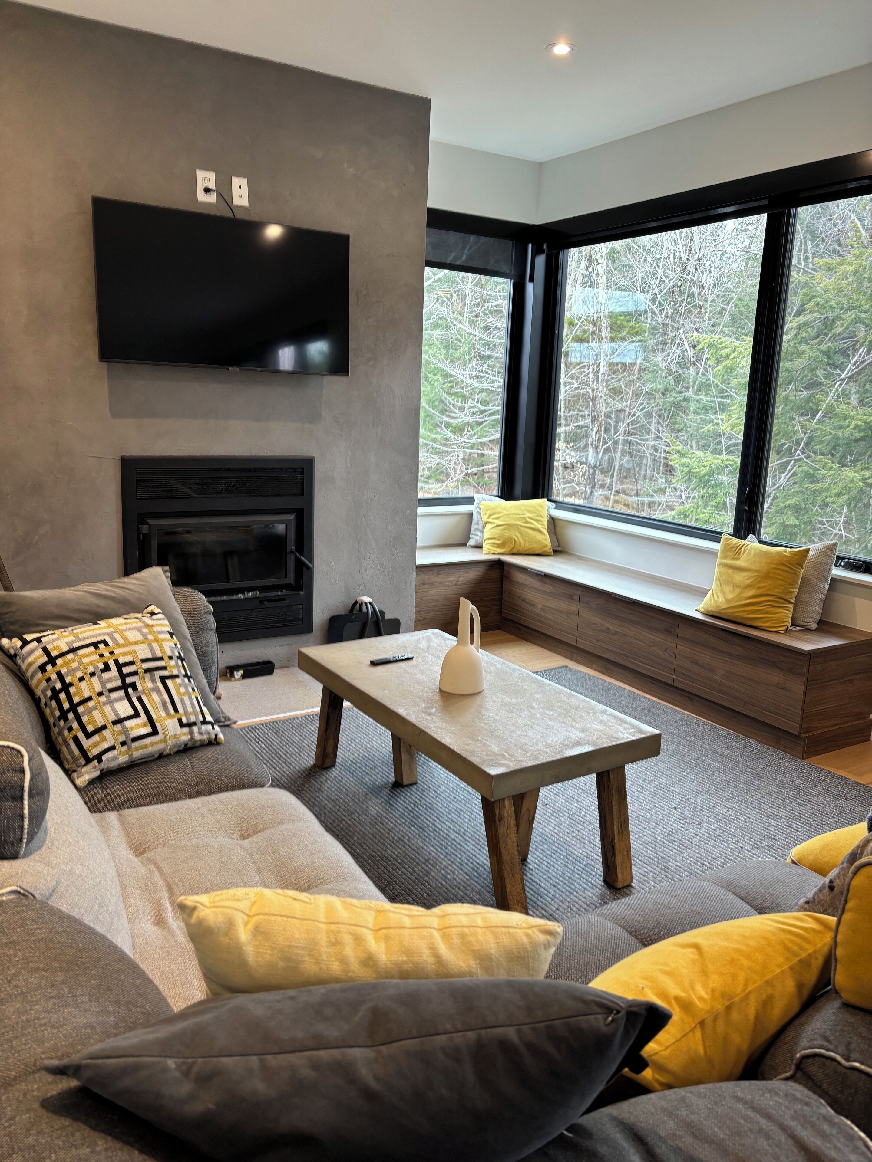 TV connectée, cheminée, baby-foot, livres