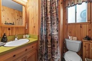 A wooden bathroom with a sink, mirror, and toilet. - Retro Bear Haus • Spa • Fully Fenced (Big Bear Lake)