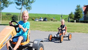 Due bambini giocano su piccoli trattori lungo una strada asfaltata, con un'area verde e auto parcheggiate sullo sfondo.