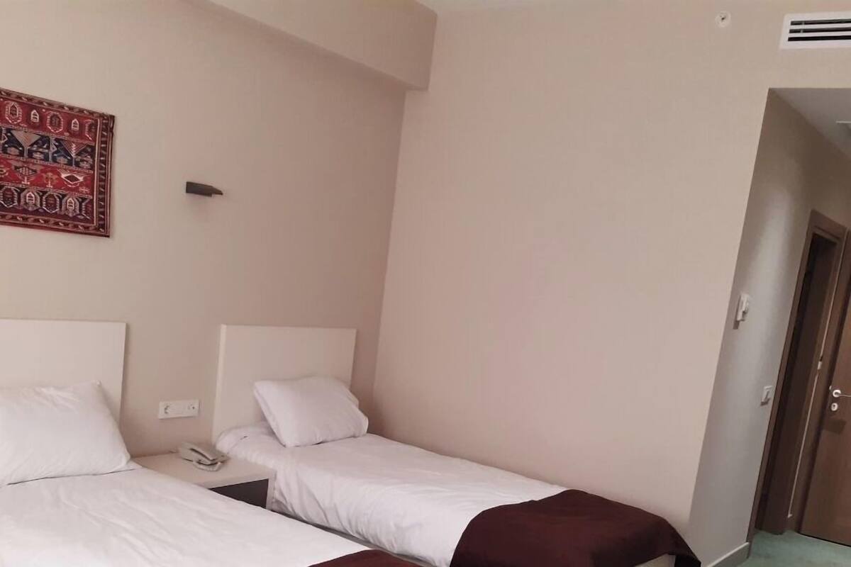 Une chambre d’hôtel avec deux lits, une moquette verte, un téléphone fixé au mur et une porte.