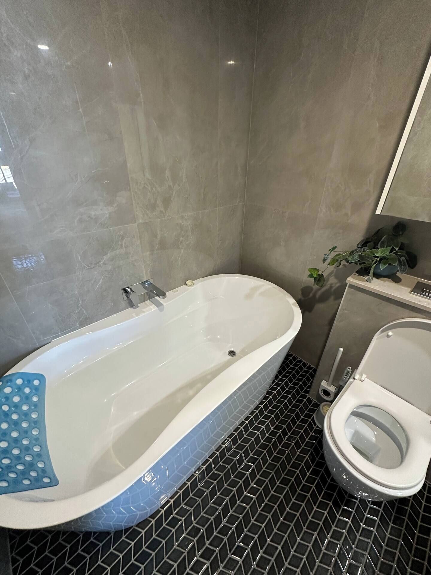 Ein modernes Badezimmer mit freistehender Badewanne, Toilette und einer Zimmerpflanze.