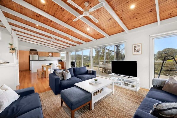 Televisie, een open haard en een dvd-speler