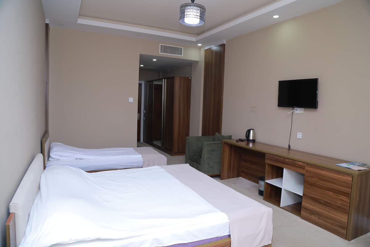 A hotel room with two beds, a desk, a television, and a mirror.