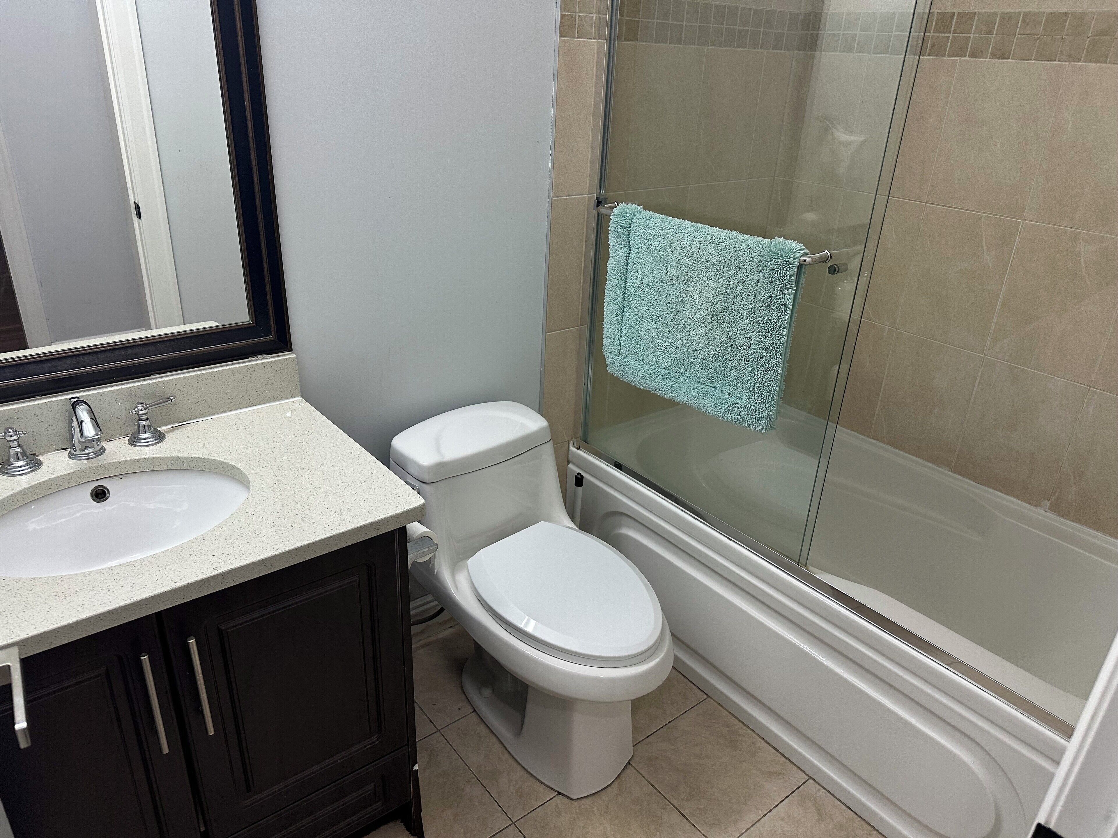 Hair dryer, towels, soap, shampoo