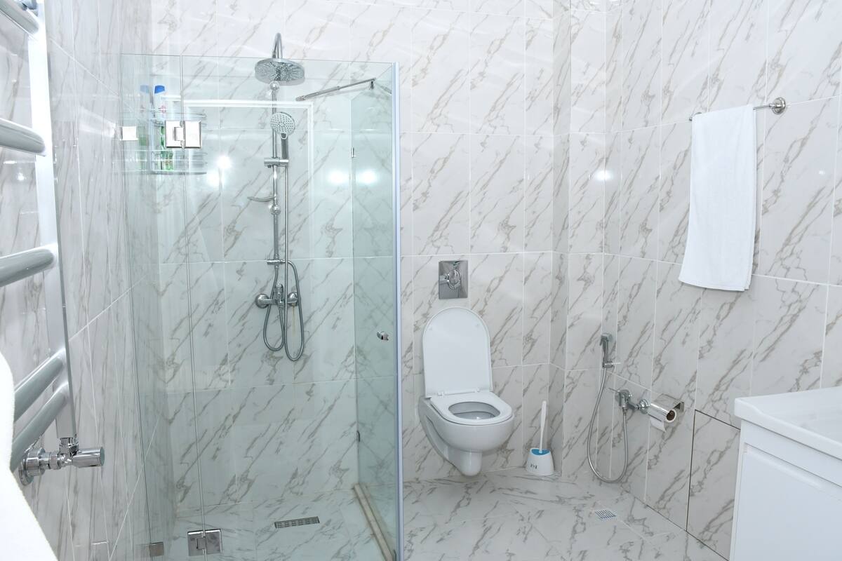 Une salle de bain moderne avec une douche à parois de verre, des toilettes et un lavabo.