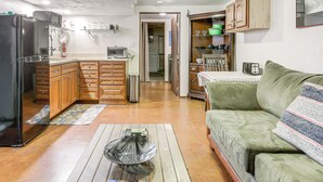 Een ruimtelijk ingerichte woonruimte met een kitchenette, een groene bank en een eethoek.