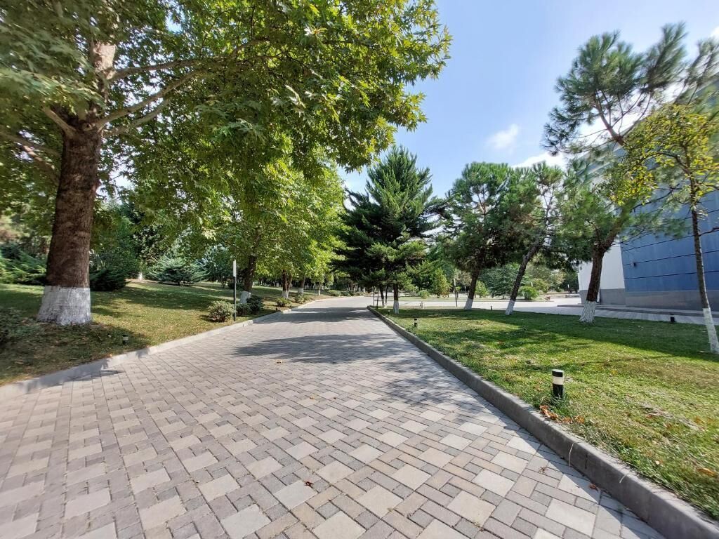 A paved pathway in a park-like setting with trees and a building in the background.