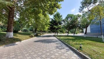 A paved pathway in a park-like setting with trees and a building in the background.