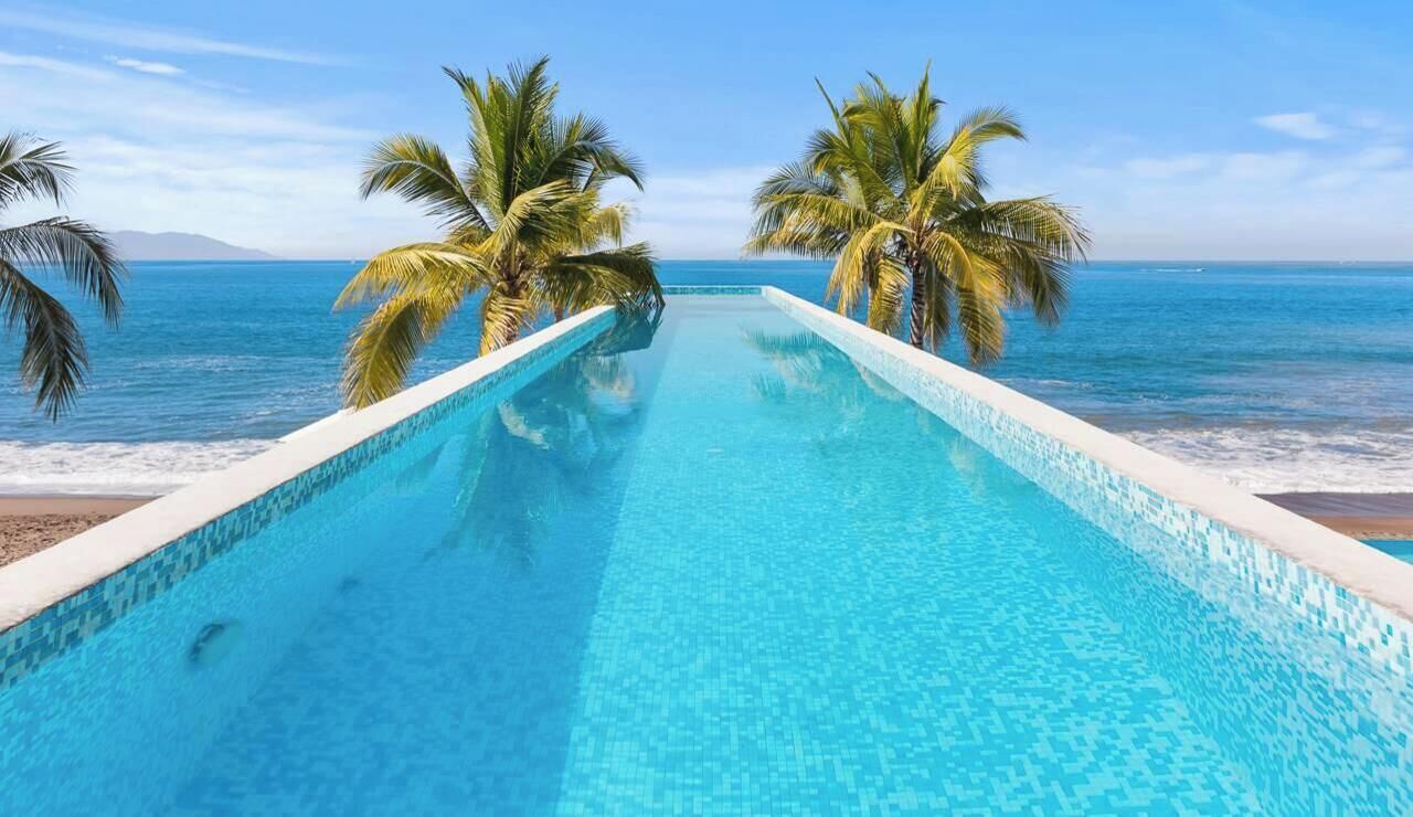 A clear blue pool with a view of the ocean and palm trees.