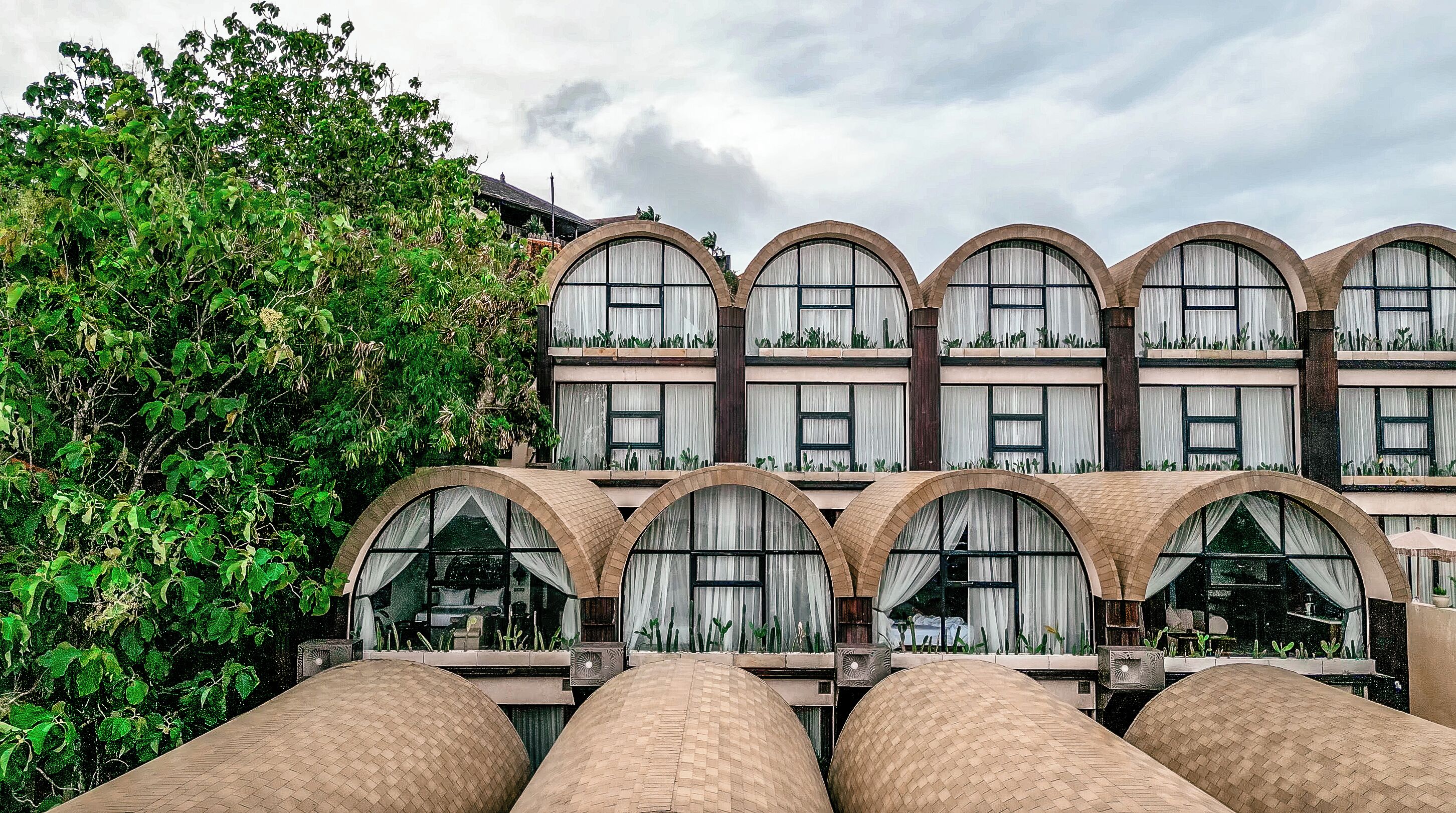 A building with multiple arched windows and balconies with plants.