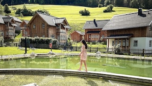 A wooden chalet with a pool, surrounded by a fence and greenery. - Chalet Near Lake Grundlsee (Grundlsee)