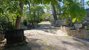 Un sentiero in pietra che si snoda attraverso un giardino con alberi e mura di pietra.