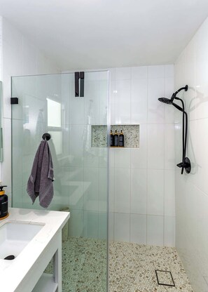 Regadera, secadora de cabello, shampoo 