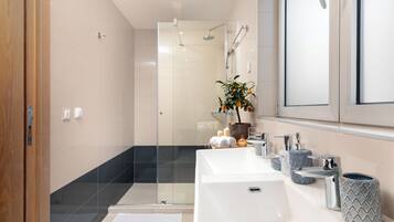 Shower, hair dryer, towels, soap