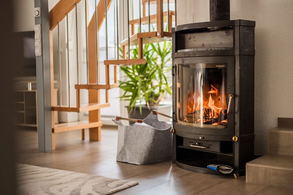 A modern interior with a wood-burning stove, a bench, and a potted plant.