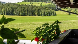 Une vue depuis un balcon doté d’une balustrade en bois, donnant sur un champ verdoyant et une colline boisée.
