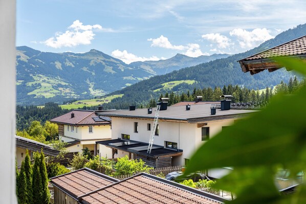 A residential area with houses, a ladder on a rooftop, and mountains in the background.