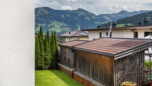 A residential area with a wooden fence, a small garden, and a view of mountains. - Room '16' with Mountain View, Shared Terrace and Wi-Fi (Hopfgarten im Brixental)