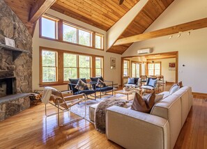 Smart TV, fireplace, books