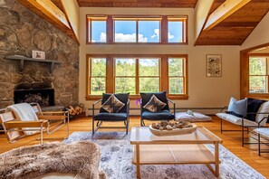 Smart TV, fireplace, books