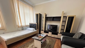 Un ambiente compatto con un letto, un divano, un tavolino, una televisione e scaffali a muro.