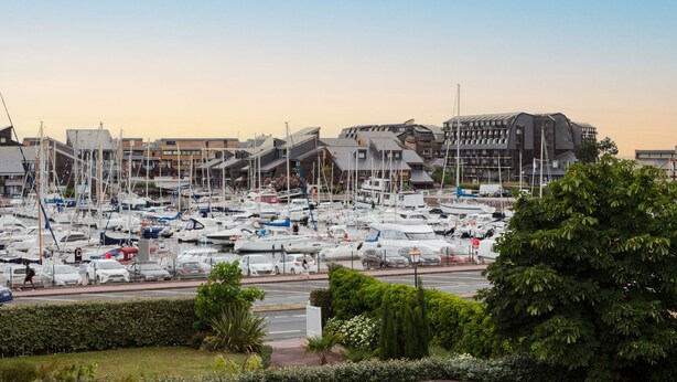 Un port de plaisance où sont amarrés de nombreux bateaux, entouré de bâtiments modernes et de verdure.